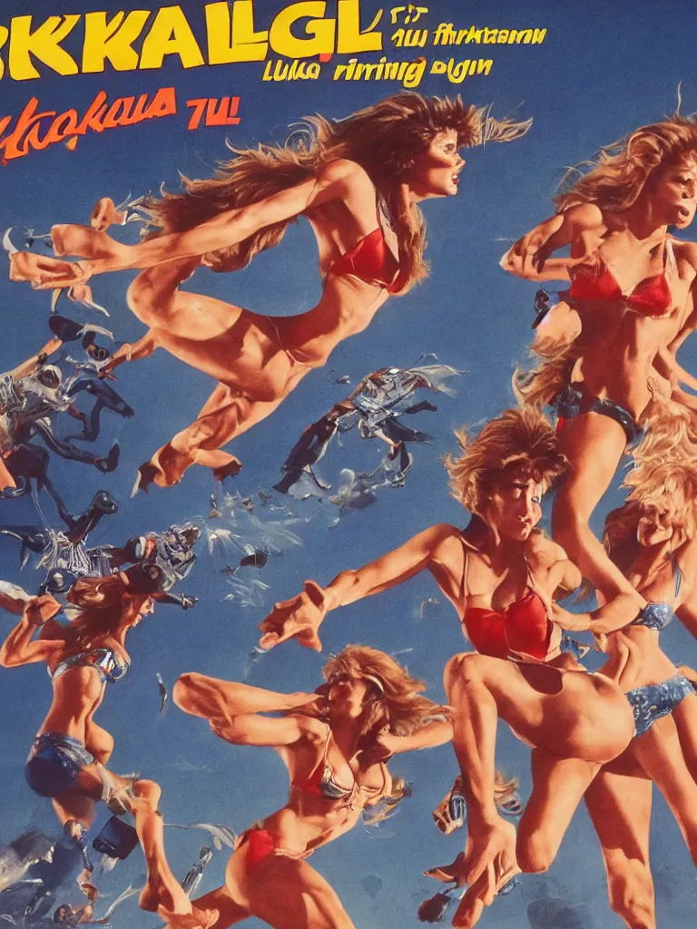 Image similar to 8 0's movie poster of bikini girls flying running from a wolfman, decolletage, confident pose, coherent, insane detail, concept art, character concept, cinematic lighting, global illumination radiating a glowing aura