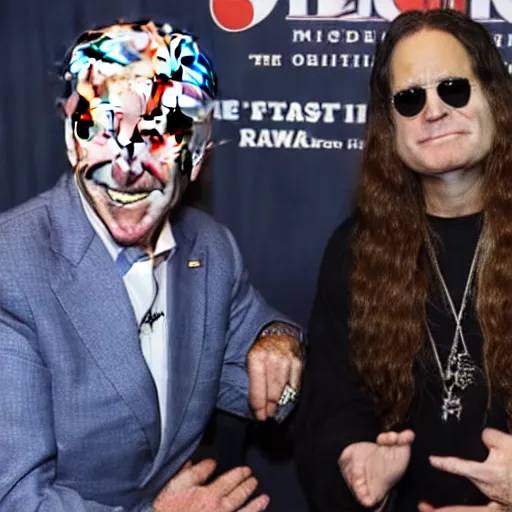 Prompt: Joe Biden and Ozzy Osbourne show off their newborn baby at a press conference, high quality, close up