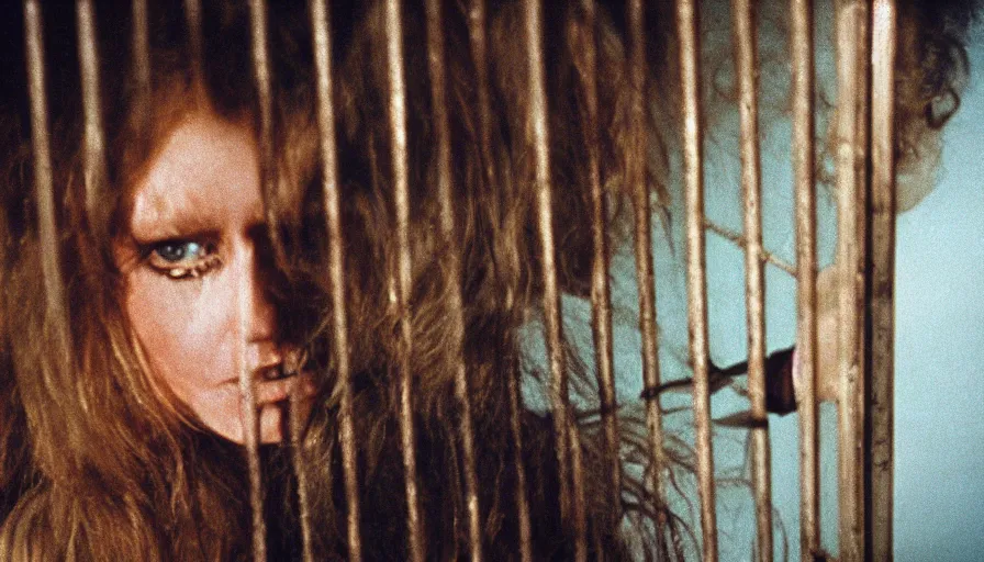 Prompt: 7 0 s film still from a horror movie featuring a beautiful woman in a cage, kodachrome, cinecolor, cinestill, film grain, film texture, retro, cinematic, high resolution, photorealism,