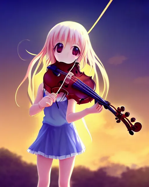 Image similar to anime style, realism, chibi, full body, a cute girl with white skin and golden long wavy hair holding a violin and playing a song, heavenly, stunning, realistic light and shadow effects, happy, centered, landscape shot, happy, simple background, studio ghibly makoto shinkai yuji yamaguchi