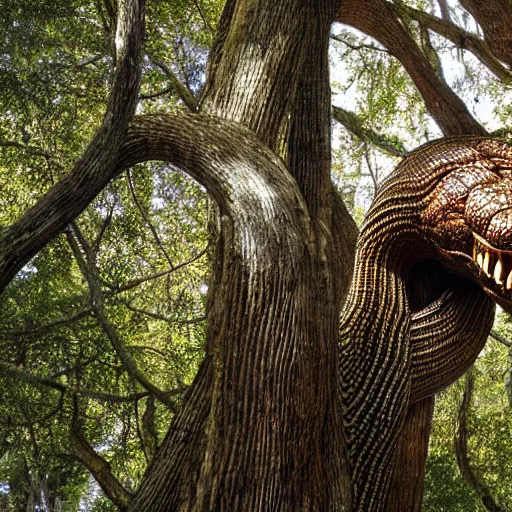 Image similar to tranquil, lines by emek golan macro photo. a art installation of a large, looming creature with a long, snake body. many large, sharp teeth, & eyes glow. wrapped around a large tree, bent under the weight. small figure in foreground, a sword, dwarfed by the size of the creature.