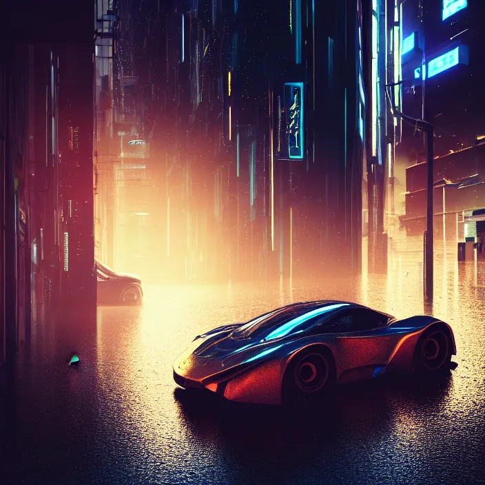 Prompt: sportscar parked on sidewalk, cyberpunk city, reflections, puddle, rain, volumetric light, hyperdetailed, hyperrealism, photorealistic rendering, golden ratio, digital art, octane, redshift