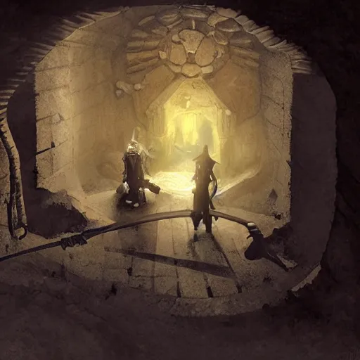 Image similar to a concept art of jail in a catacomb. a paladin knight lies dead in a wall bed with a surprised shapeshifter half man half rat. dungeon. volumetric lighting. rutowsky, craig mullins, d & d.