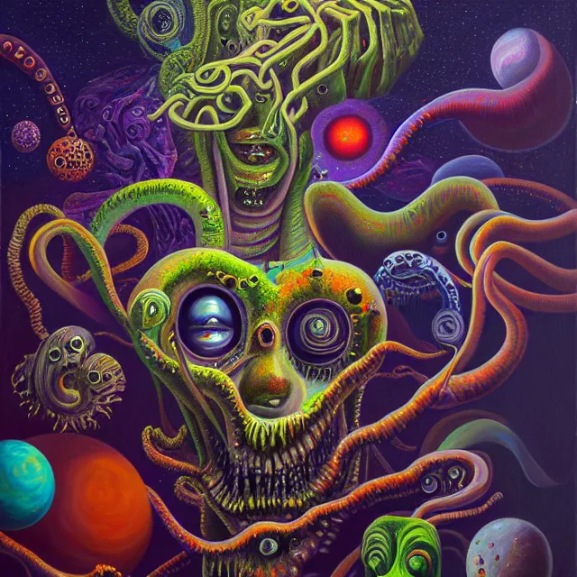 Image similar to an oil on canvas portrait painting of an acid trip, polycount, surrealism, surrealist, lovecraftian, cosmic horror, high detail