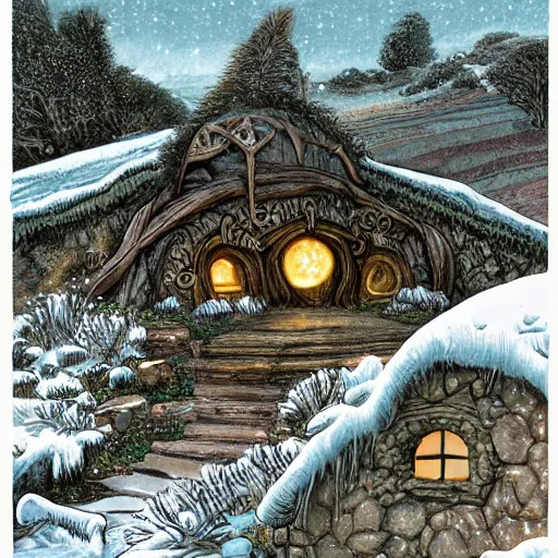 Prompt: detailed illustration of hobbiton in winter, from the lord of the rings