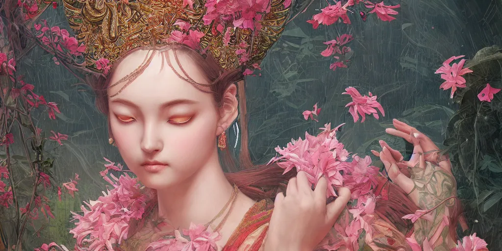 Prompt: breathtaking detailed concept art painting of the goddess of flamingo, orthodox saint, with anxious, piercing eyes, ornate background, amalgamation of leaves and flowers, by Hsiao-Ron Cheng, extremely moody lighting, 8K