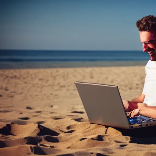 Prompt: photo of happy man working on laptop at beach, perfect face, fine details, 4 k, bokeh
