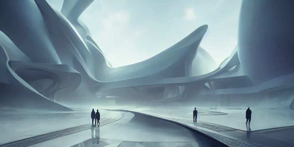 Image similar to heaven, by tim blandin and arthur haas and bruce pennington and john schoenherr, big windows architecture by zaha hadid, octane render, warm colour scheme, white, cinematic, scenery, cgsociety, modernism, futuristic, trending on artstation, sci - fi, high detail, high quality, close up angle, people walking