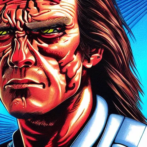 Prompt: close up portrait artwork of man with mullet cyborg eye. From The Terminator 1984. Artwork by Dan Mumford