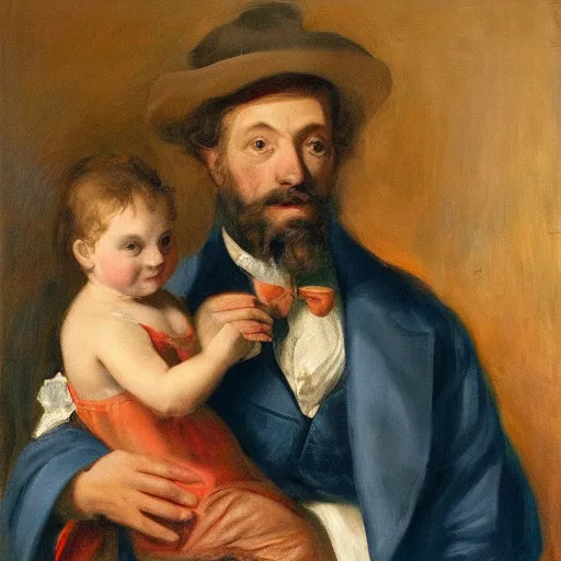 Prompt: maximalist illustrated portrait of a father with child. HD 8x