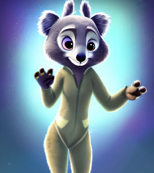 Image similar to digital detailed full body of anthromorphic female koala, in style of zootopia, fursona, furry, furaffinity, 4 k, deviantart, wearing astronaut outfit, in style of zootopia, floating in space, space background, in deep space, dark background, hyena fursona, cyberpunk, female, detailed face,