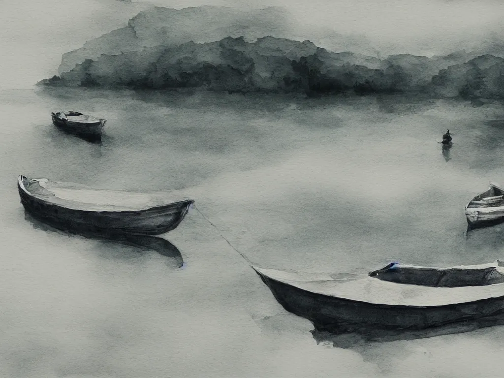 Image similar to a boat is parked on the lake, there is only one person on the boat fishing, cinematic landscape ， natural light, ink painting