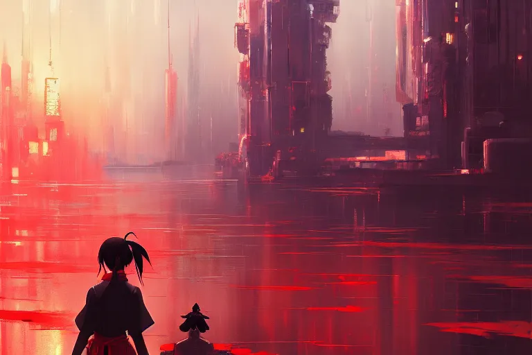 Prompt: baroque oil painting of anime key visual concept art of a samurai girl, red futuristic concrete cityscapes, trending on artstation, palette knife and brush strokes, oil on canvas, style of makoto shinkai greg rutkowski studio ghibli