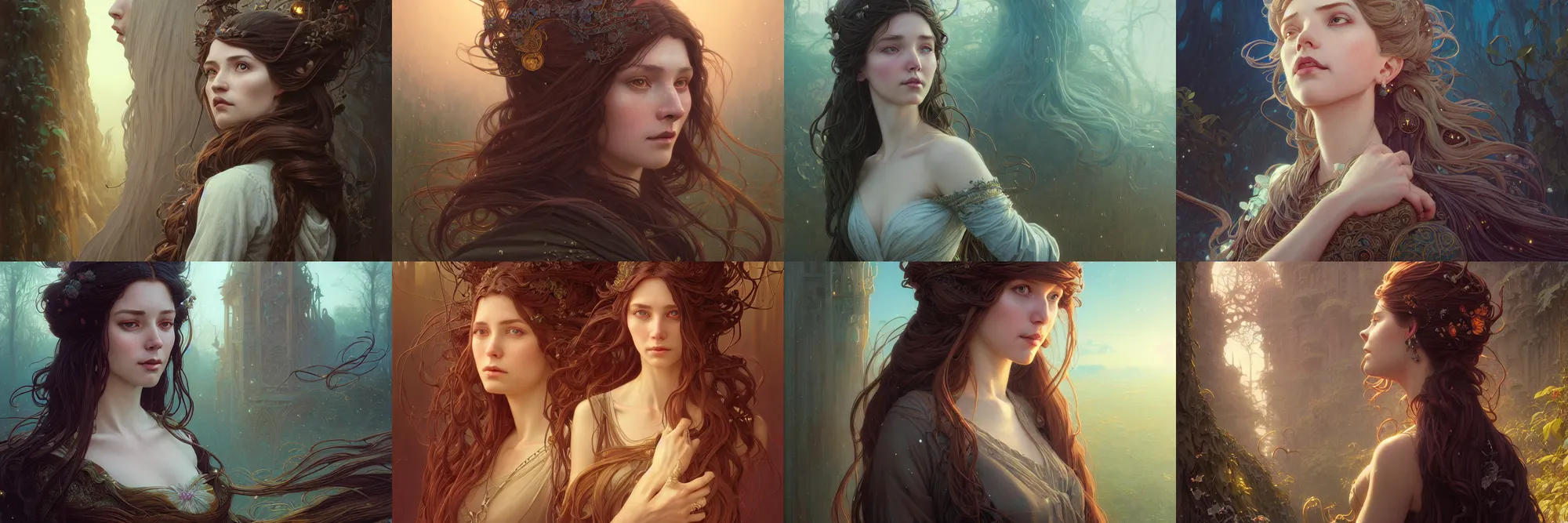 Image similar to highly detailed portrait of a woman with long hairs, stephen bliss, unreal engine, fantasy art by greg rutkowski, art nouveau, loish, rhads, ferdinand knab, makoto shinkai and lois van baarle, ilya kuvshinov, rossdraws, tom bagshaw, alphonse mucha, global illumination, radiant light, detailed and intricate environment