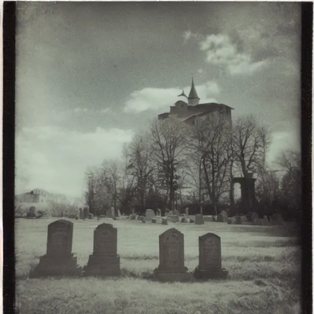 Image similar to graveyard with a monastery, polaroid