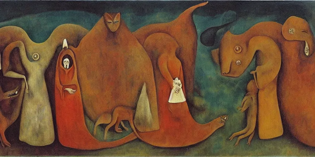 Prompt: disease decimating a global population, animals ruling the world, painting by leonora carrington