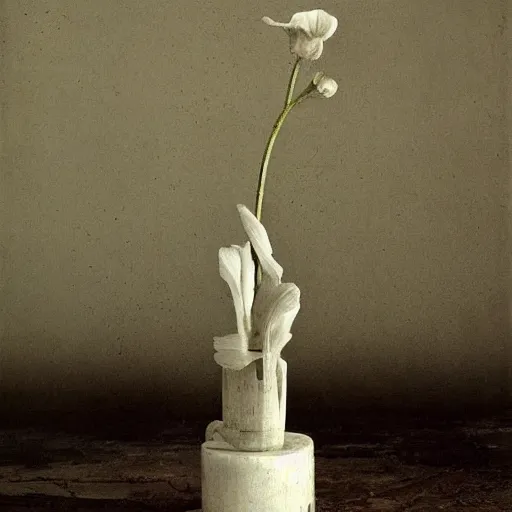 Image similar to The sculpture is a beautiful and haunting work of art of a series of images that capture the delicate beauty of a flower in the process of decaying. The colors are muted and the overall effect is one of great sadness. photorealism by George Tice, by Eugene von Guerard, by Hideyuki Kikuchi aesthetic, muted