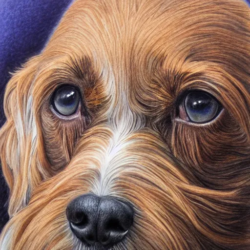 Prompt: intricate five star hit dog stand by monica lee, colored pencil on paper, high detail, skin texture, photo realistic, hyperrealism, matte finish, high contrast, 3 d depth, masterpiece, vivid colors, artstationhd