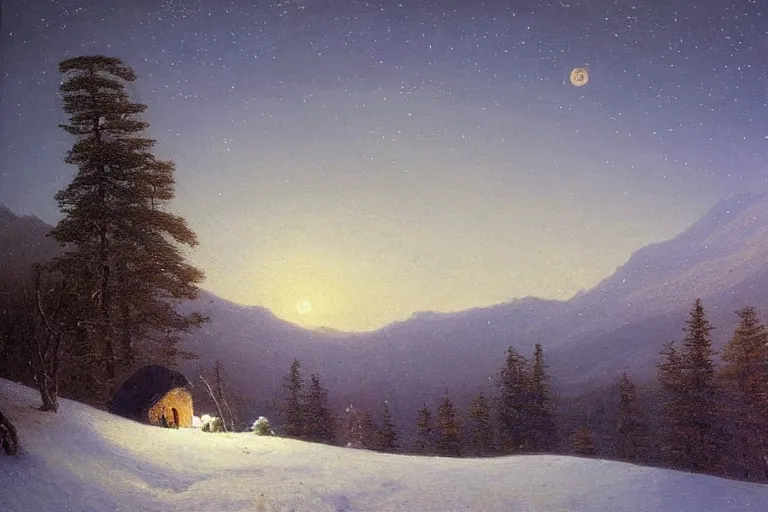 Image similar to mountains, trees, beautiful nature, winter, night, stars, snow, very detailed, focused, oil painting, colorful, canvas, artstation, Sydney Mortimer Laurence, Albert Bierstadt, Theodor Kittelsen, Hans Dahl, Konstantin Yakovlevich Kryzhitsky