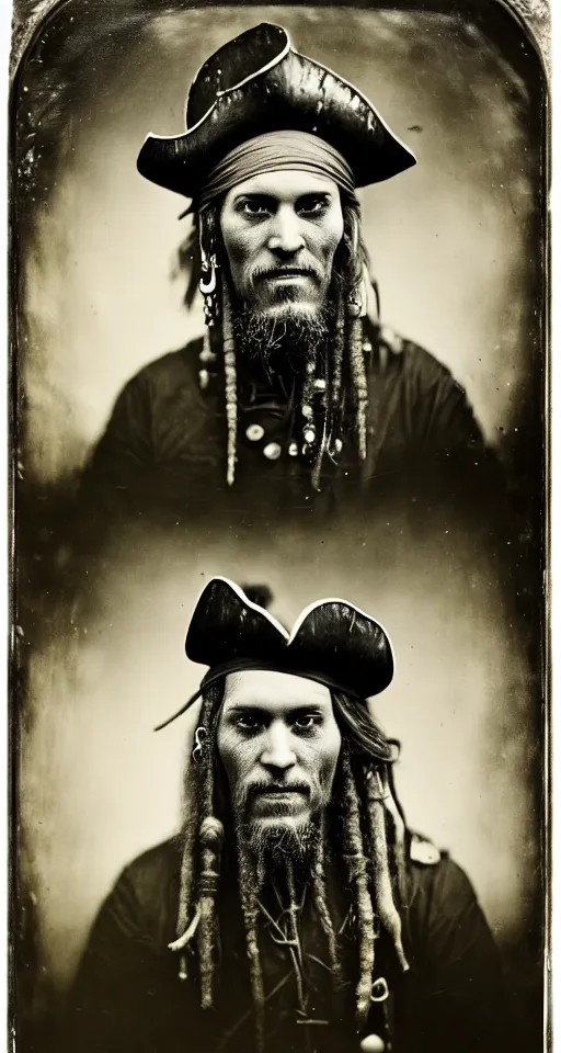 Prompt: a wet plate photograph, a portrait of an old pirate