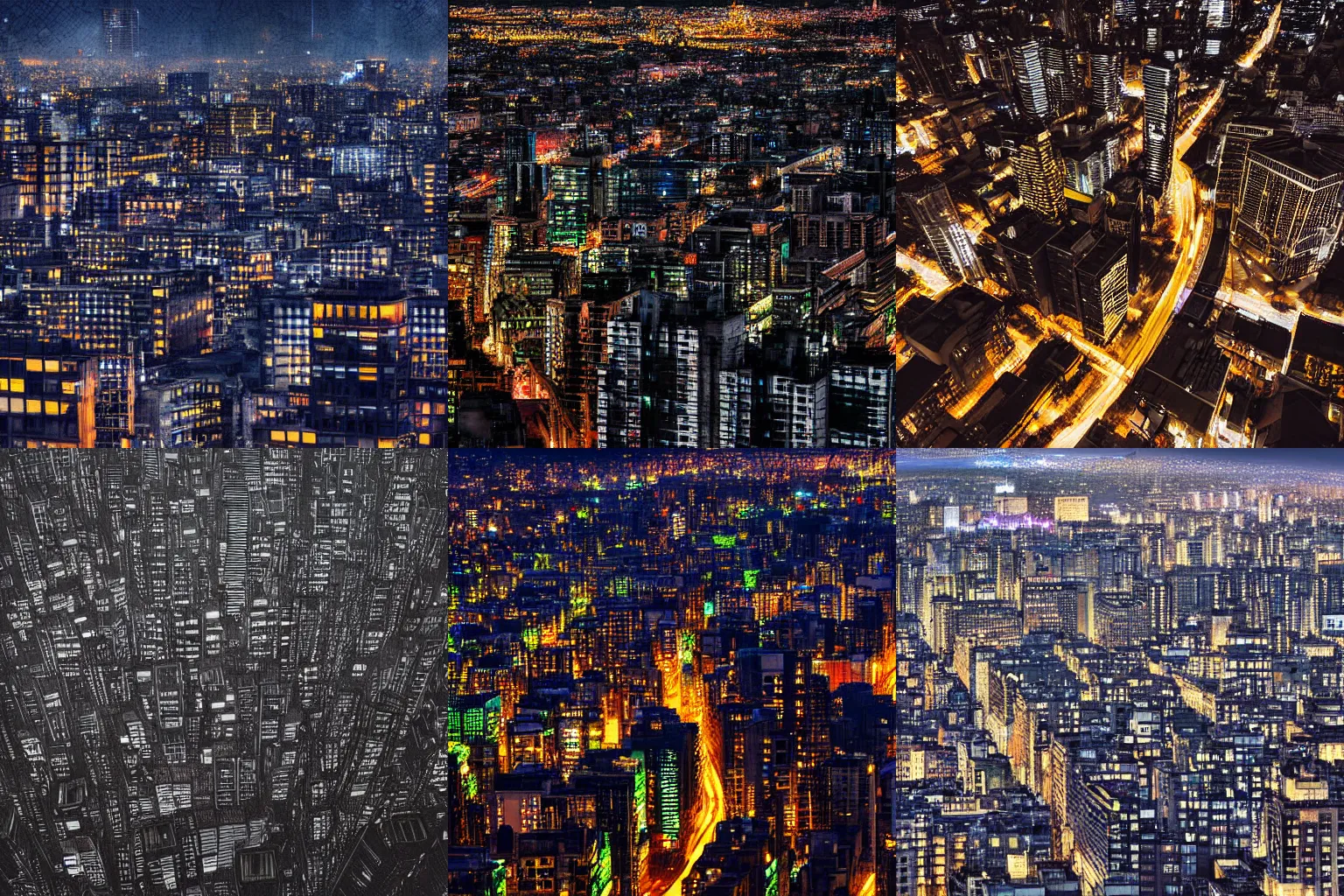 Prompt: Birds eye view of an oppressive metropolis at night, sparse rectangular city grid with narrow streets, tall brutalist architecture buildings all with the same height, city lights spilling upwards above the top of the buildings, digital art,