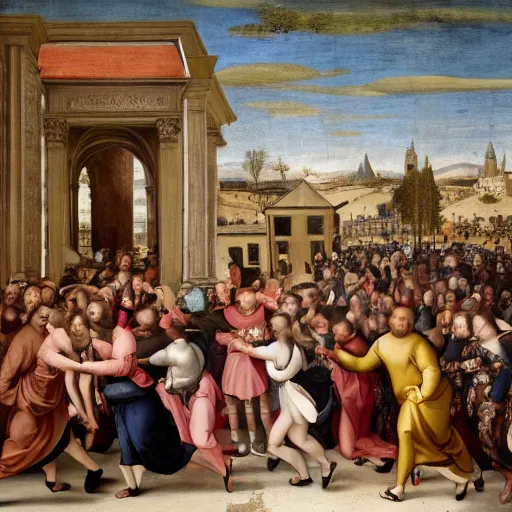 Prompt: a crowd running away from a man wearing black air force 1 s, renaissance painting, 1 6 th century