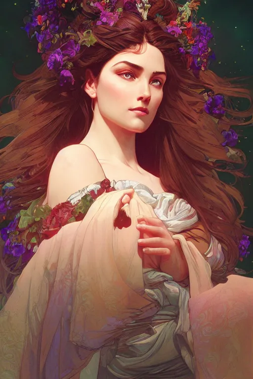 Image similar to close up portrait of goddes of rose, digital illustration, dramatic lighting, by artgerm and greg rutkowski and alphonse mucha