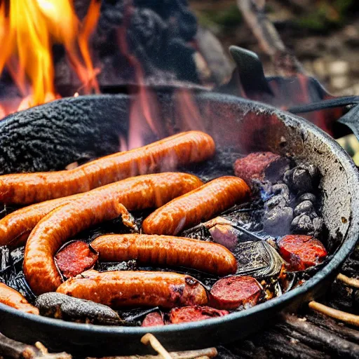 Prompt: Seaweed, baked beans, sausages in a frying pan, over a campfire, realistic, 8k, lots of detail