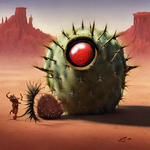 Image similar to ball creature covered with eyes, in the desert next to a cactus, d & d, fantasy, greg rutkowski, frank frazetta, alexandre chaudret, boris vallejo, michael whelan, miro petrov, hr giger, magali villeneuve, donato giancola