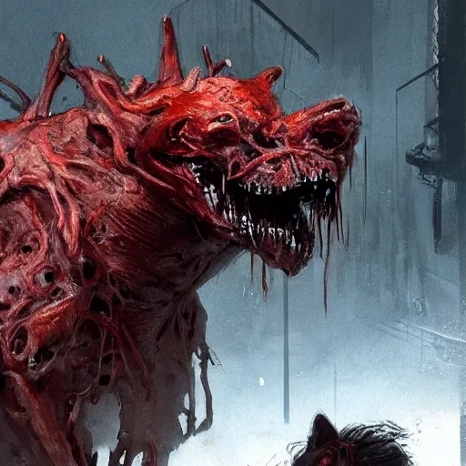 Image similar to concept art by greg rutkowski, dog - shaped monster made of twisted meat and reddish ooze, roaming the colony, looking rabid, in a claustrophobic, futuristic and brutalist environment, frightening and creepy atmosphere, scifi, highly detailed portrait, digital painting, artstation, concept art, smooth, sharp foccus ilustration, artstation hq