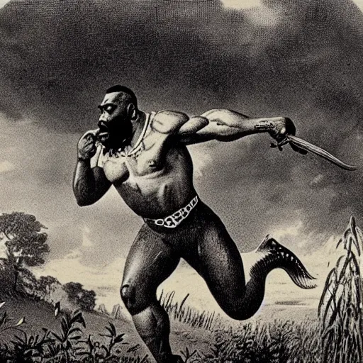 Image similar to antique lithograph from 1 9 0 0 of mr t as. tyrannosaurus rex hunting in a field