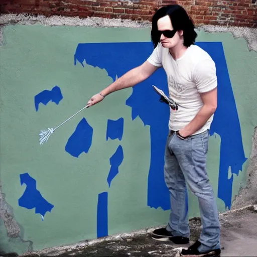 Prompt: jack white spraying graffiti over a map of yugoslavia