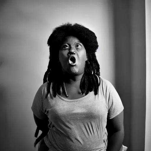 Prompt: candid photo, of a surprised black woman, very surprised, kodak tri-x style, portrait, moody lighting