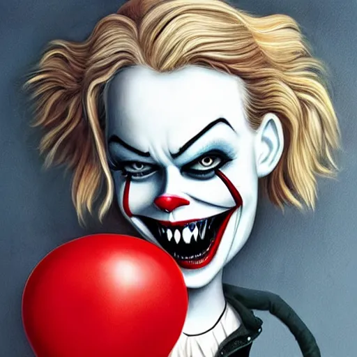 Image similar to grunge cartoon painting of margot robbie with a wide smile and a red balloon by chris leib, loony toons style, pennywise style, corpse bride style, horror theme, detailed, elegant, intricate