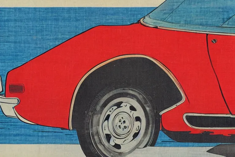 Prompt: ukiyo - e painting of a detailed 1 9 6 9 datsun fairlady roadster