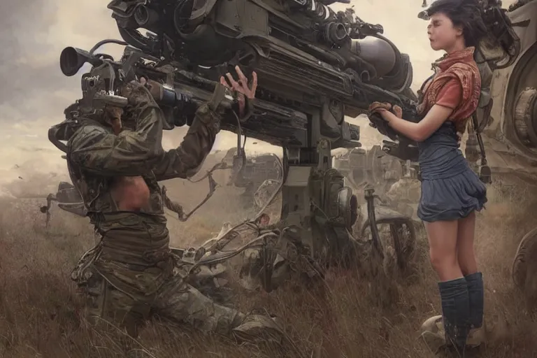 Prompt: Boy and girl holding each other's hands standing scared in front of a military war machine which is aiming at them. beautiful detailed photograph intricate insanely detailed octane render, 8k artistic photography, photorealistic, art by artgerm and greg rutkowski and alphonse mucha, detailed, trending on artstation