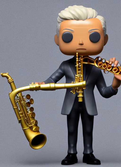 Image similar to full body 3d render of blond futuristic man playing sax as a funko pop!, studio lighting, grey background, single body, no shadow, blender, trending on artstation, 8k, highly detailed