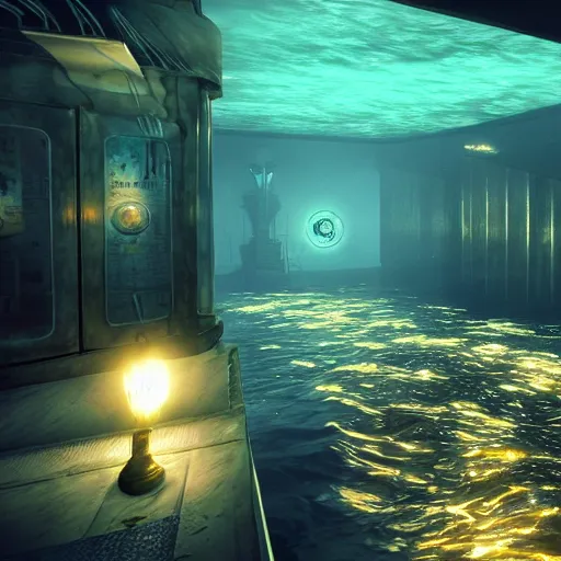 Image similar to rapture bioshock, city at sea floor, water, submerged, seaweed, fish, realistic, detailed, underwater, dark