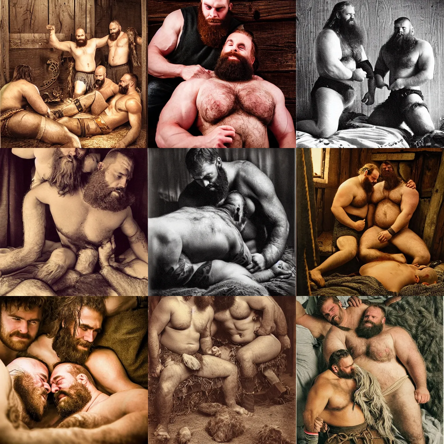 Prompt: hairy burly young adult viking strongmen giving each other affection in a dimly lit bedroom, surrounded by their equally burly and hairy father, resting on each other nearby, observing the scene. warmth, cozy, wholesome, comforting, love, epic, manliness, rustic, epic, soothing. highly detailed coloured photography.