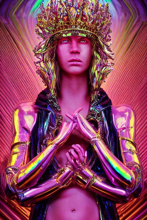 Prompt: hyper detailed ultra sharp portrait of baroque and bladerunner delicate neon diamond sculpture of seductive muscular albino king jesus, diamond pink sphinx iridescent humanoid deity wearing metallic hoody made out of hands holding the sun prismatic dungeon, glowing blue face, crown of white diamonds, cinematic lighting, photorealistic, octane render 8 k depth of field 3 d