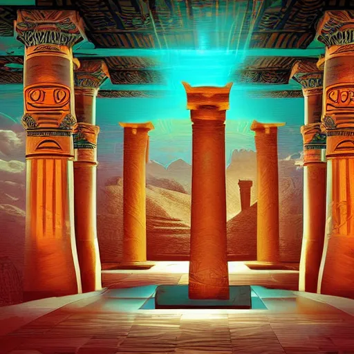 Image similar to ancient egypts interior with waterfalls, digital art, retrowave