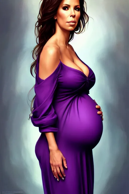 Image similar to pregnant eva longoria in a purple dress, realistic portrait, symmetrical, highly detailed, digital painting, artstation, concept art, smooth, sharp focus, illustration, cinematic lighting, art by artgerm and greg rutkowski and alphonse mucha