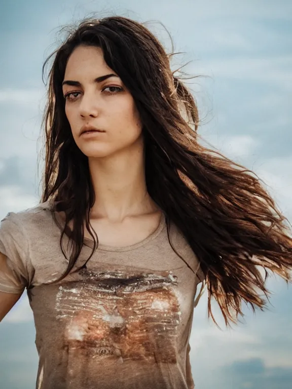 Prompt: hyperdetailed photo of a beautiful italian girl, brown eyes, dark hair, winds of winter, with ripped transparent crop t - shirt