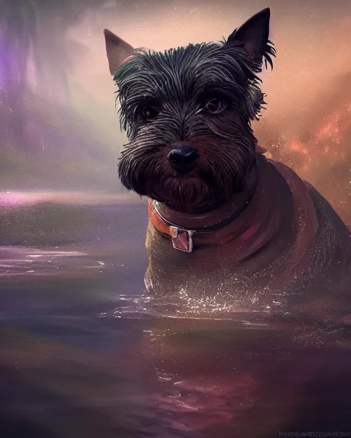 Prompt: mystic border terrier in the river , fantasy, cinematic,volumetric lighting, symmetrical,sharp focus,digital painting, mystical art, smooth ,trending on Artstation