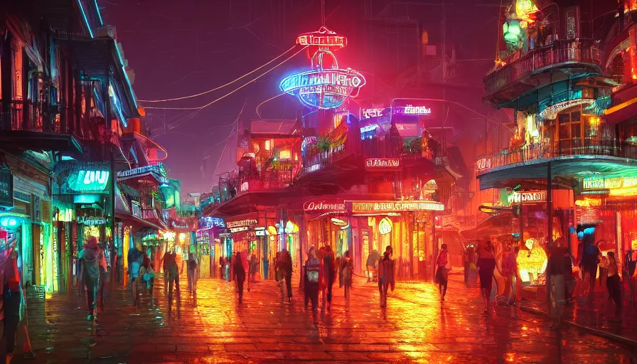 Prompt: futuristic bourbon street with color lights at night, fanfare, hyperdetailed, artstation, cgsociety, 8 k