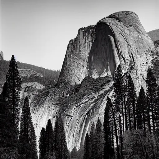 Prompt: black-and-white landscape photograph of Yosemite National, covered in mist, Park by Ansel Adams width 1024