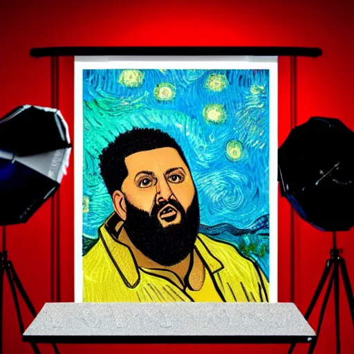 Image similar to ultra realistic portrait of dj khaled in a studio, ultra detailed, under blue, red and yellow cinematic lighting, by van gogh, cartoon