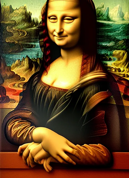 Prompt: A beautiful portrait of Mona Lisa, frontal, digital art by Eugene de Blaas and Peter Xiao, vibrant color scheme, highly detailed, in the style of romanticism