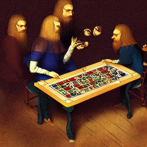 Prompt: A beautiful Leonardo Vavinci illustration of a table where smart people sit and play a board game.