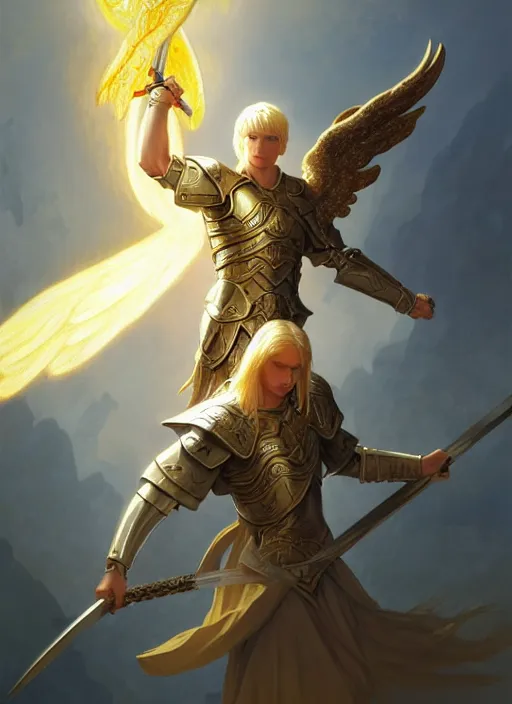 Prompt: middle shot of a floating winged aasimar paladin blond young man with amber eyes strong, wielding a flaming sword, in heaven, strong, sofisticated, fantasy, highly detailed, digital painting, artstation, concept art, character art, art by greg rutkowski and tyler jacobson and alphonse mucha
